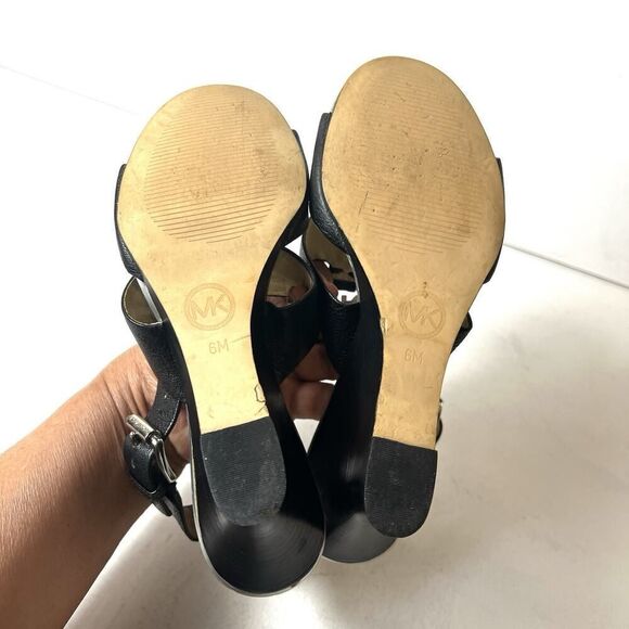 Michael Kors Logo Black Leather High Heels Women's 6M Open Toe Sling Ankle Strap - Picture 10 of 11